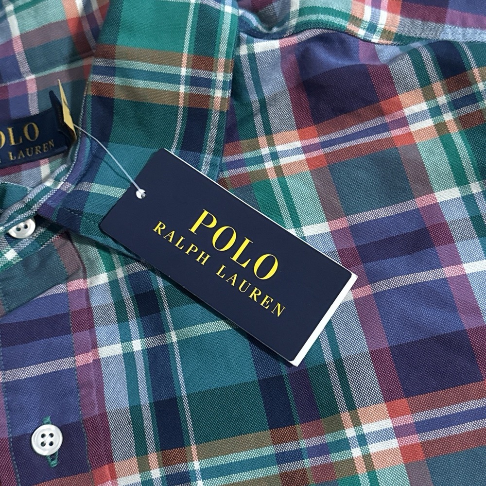 NEW Polo Ralph Lauren Men's 2XB Green Purple Plaid Oxford Long Sleeve Work Shirt